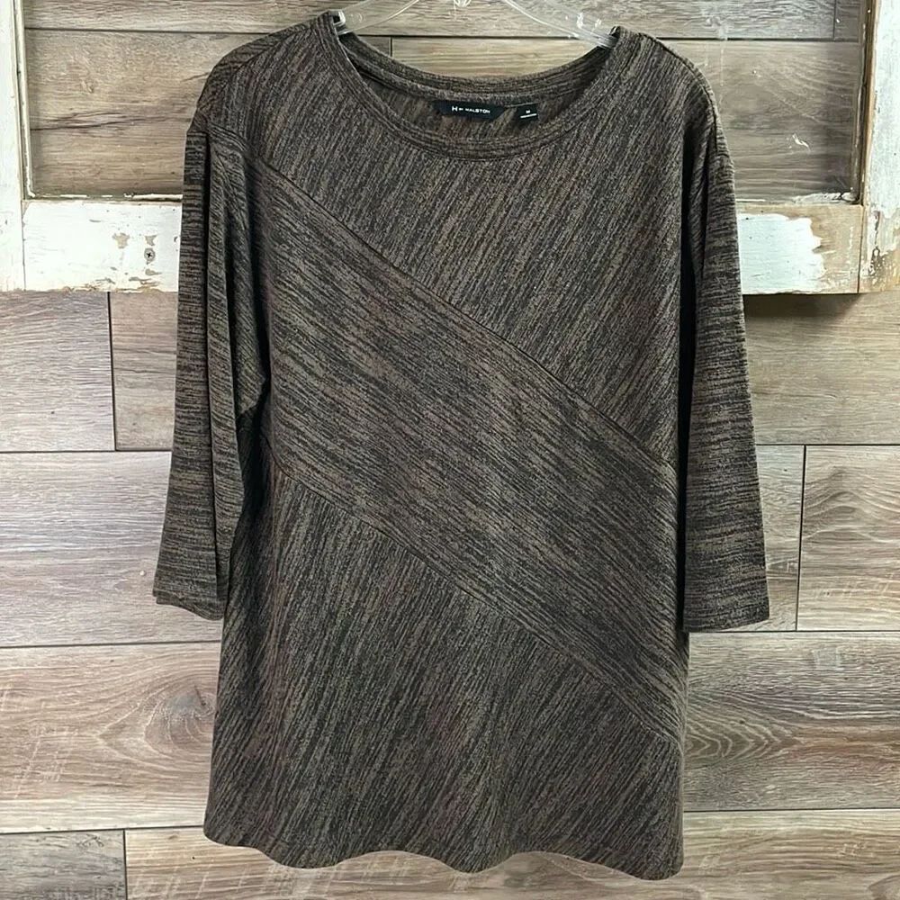 H by HALSTON Women’s Brown Black Rayon Poly Scoop Neck 3/4 Sleeve Top Sz Medium